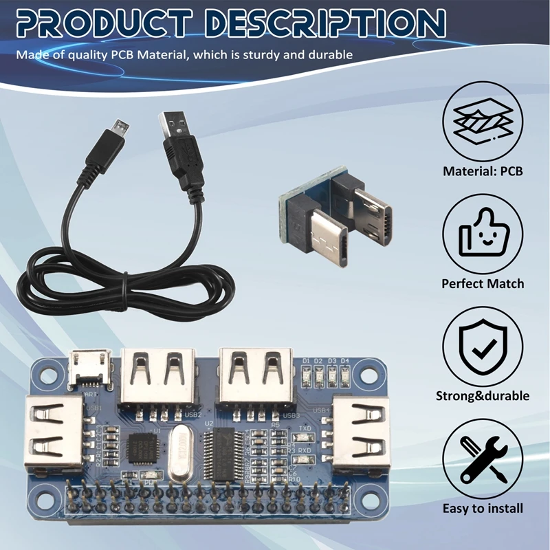 4 Ports USB HUB HAT For Raspberry Pi 3 / 2 / Zero W Extension Board USB To UART For Serial Debugging Compatible With USB2.0/1.1