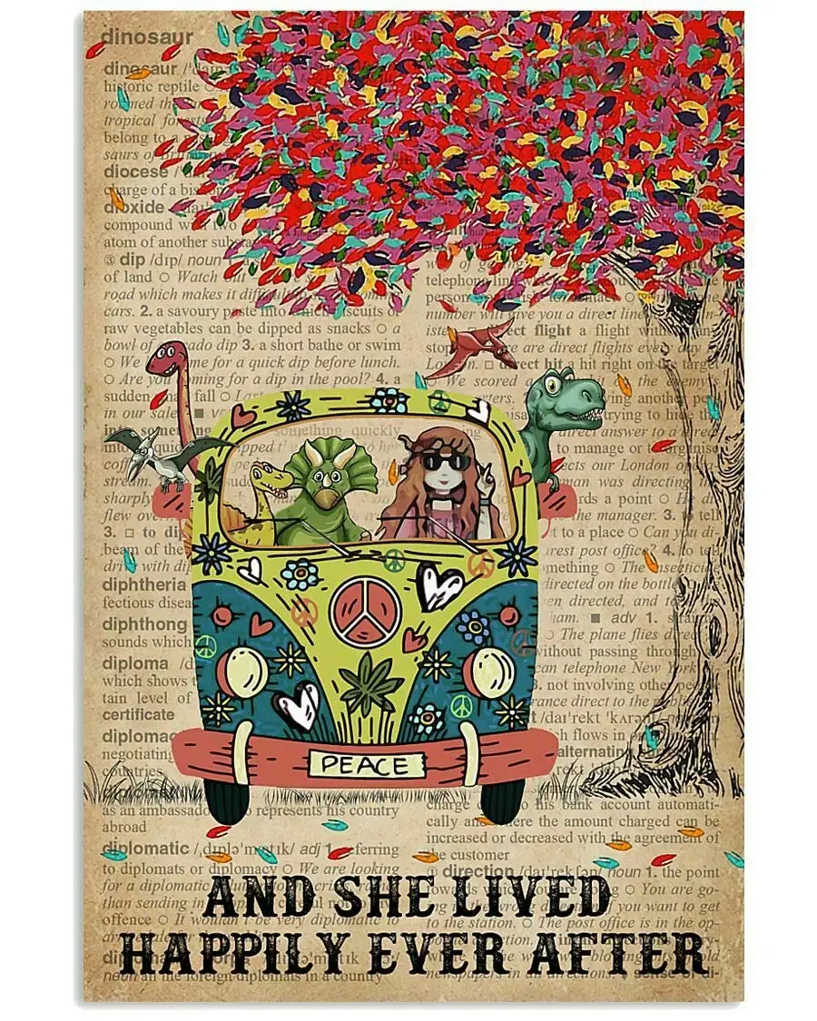 Dictionary and She Lived Happily Dinosaur Metal Tin Sign Retro Vintage Cottage Garden Restaurant Farm Coffee Shopping Mall  sign