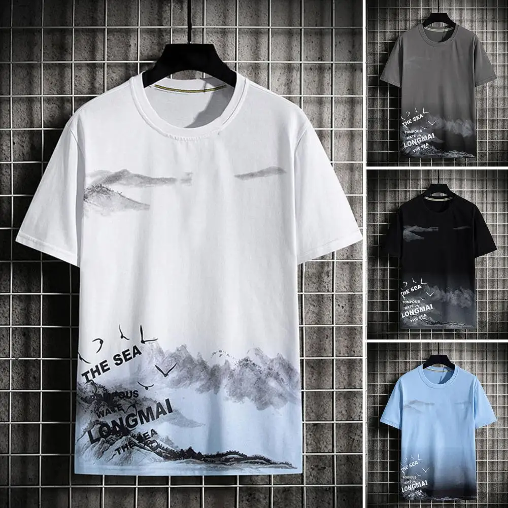 Men T-shirt Mountain Pattern Round Neck Men Tops Loose Type Gradient Seagull Print Short Sleeves Summemr Tops Daily Clothes