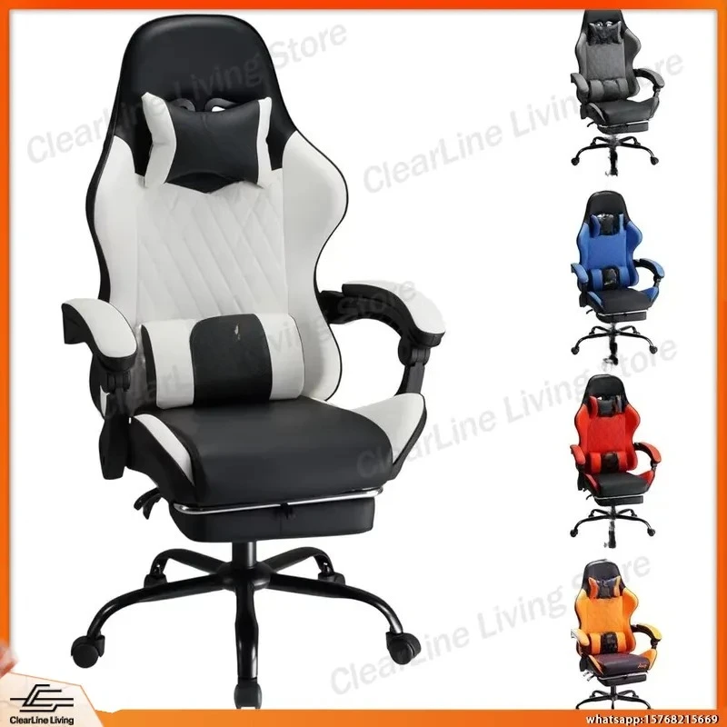 Cadeira de Jogos Ergonômica Reclinável com Apoio para os Pés, Suporte Lombar Ajustável, Encosto Alto, Braços Almofadados em Couro Sintético para Escritório