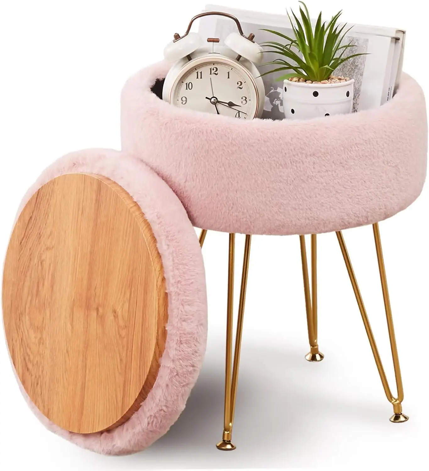 Faux Fur Ottoman With Storage Footstools Vanity Chair Coffee Table Ottoman For Living Room (Pink)