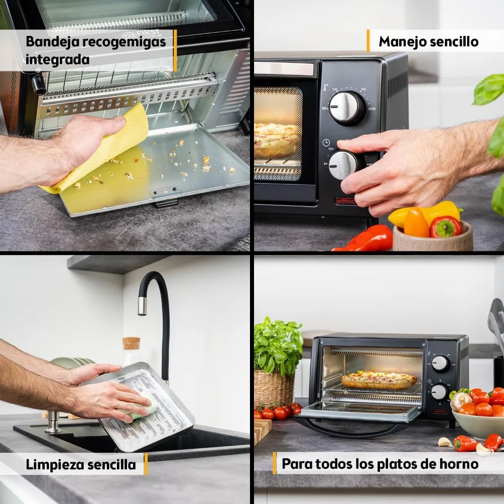 فرن صغير 10 لتر 800 وات من TZS First Austria - التحكم في درجة الحرارة حتى 230 ° C، مؤقت لمدة 60 دقيقة، ارتفاع الرف المزدوج