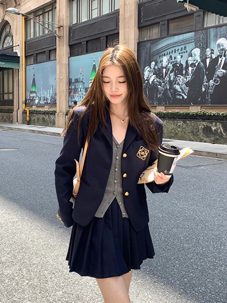 Minceur coréen collège Faion bleu costume Jaet et jupe plissée ensemble femmes automne nouveau Sle deux pièces costume