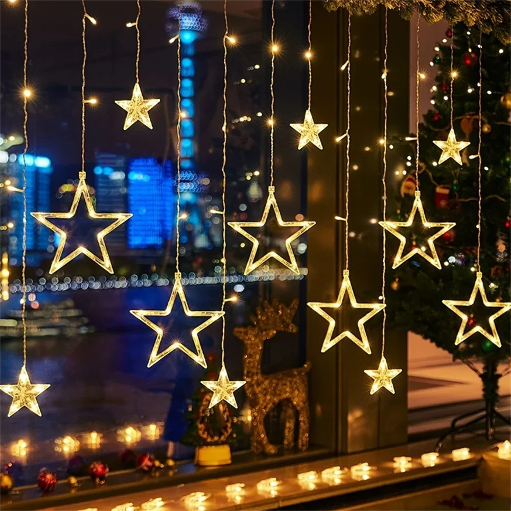 LED Lights String Pentagram Star Curtain Fairy Lights Wedding Birthday Christmas Lighting Indoor Decoration Light Remote Control
