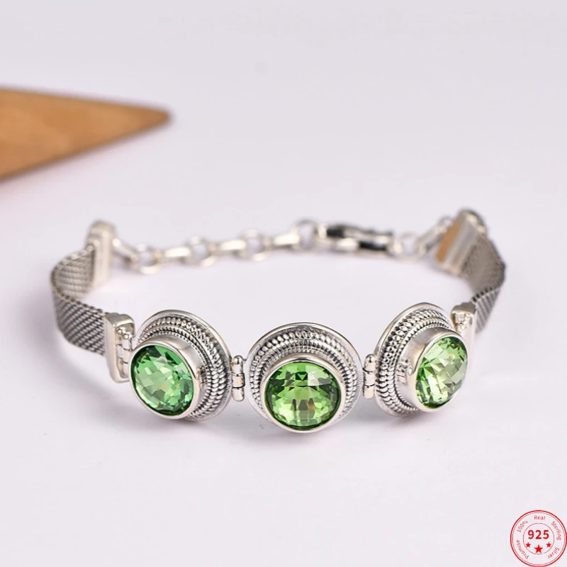 S925 Sterling Silver Bracelets for Women New Fashion Cutting Surface Green Zircon Weaven-chain Adjustable Jewelry Free Shipping