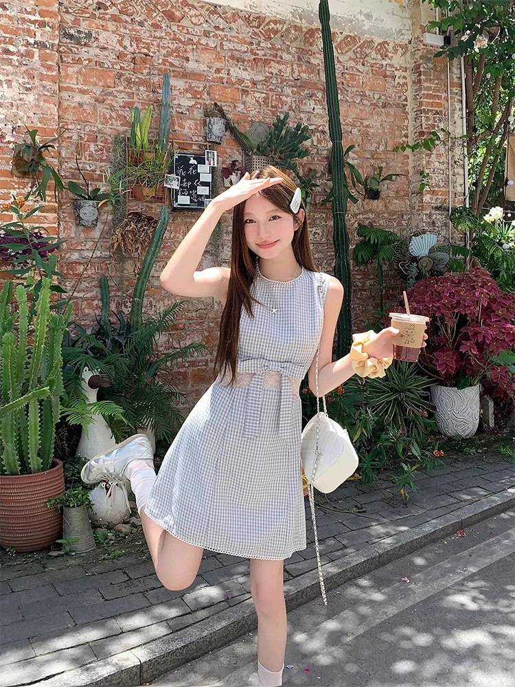  vestido a cuadros de estilo coreano para mujer, verano 2025, nuevo vestido sin mangas sencillo y bonito con cintura ajus...