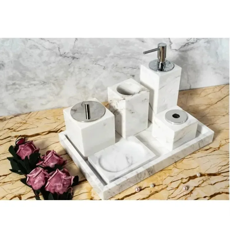 Luxury custom 6-star hotel-grade natural marble stone tray bathroom accessories set Nordic style five-piece wash set