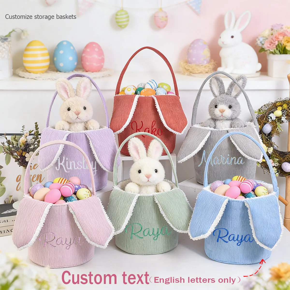 Easter dates Personalized Embroidered English Name Storage Basket, Corduroy Droopy-Eared Rabbit Handle Easter Storage Basket