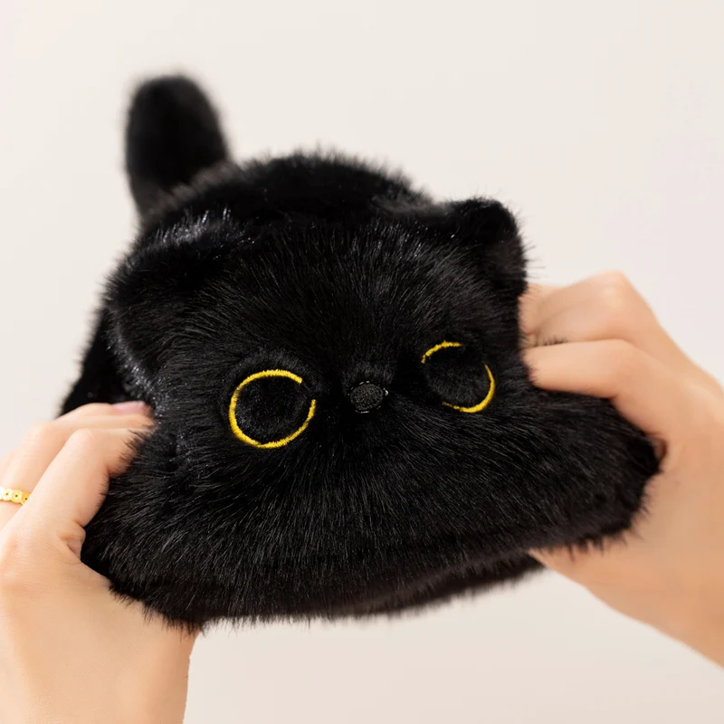 Adorable Round Fluffy Black Cat Stuffed Plush Doll Soft Kitten Plush Big‑Eyed Cartoon Animal Toy Home Ornament Holiday Gift