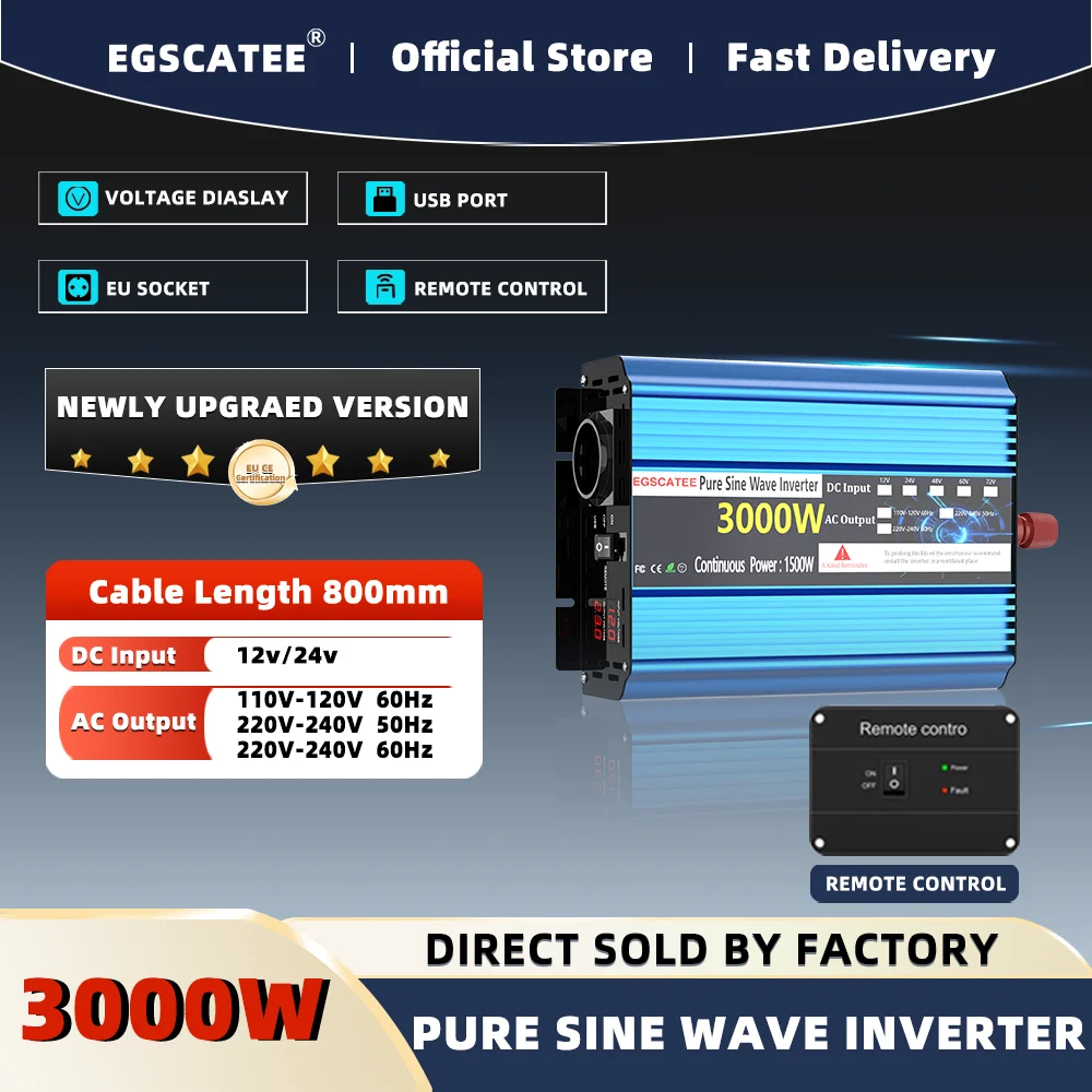 Pure Sine Wave Inverter DC 12V to AC 230V 50HZ EU USB socket 3000W LED Voltmeter Converter Transformer