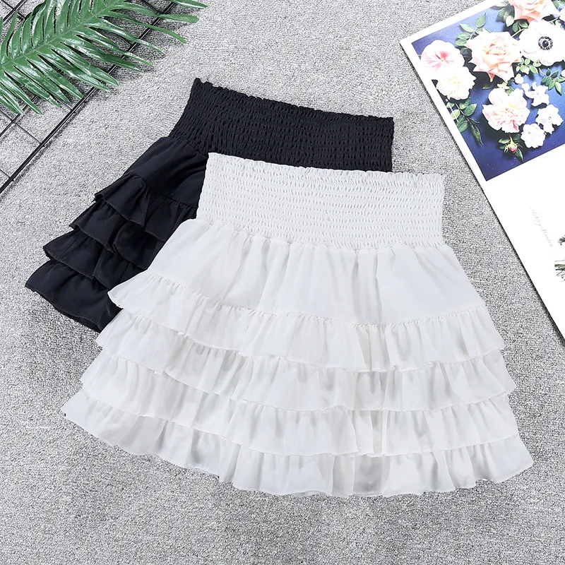 White Puffy Cake Skirt 2026 Summer New Elastic Waist Ruffles Chiffon Ballet Skirt