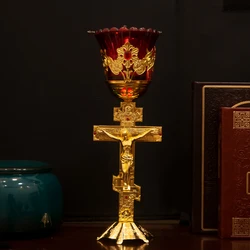 HTISOK Orthodox Cross Candlestick Jesus Crucifix Cross Candlestick Zinc Alloy Candlestick Glass Church Supplies Home Decoration