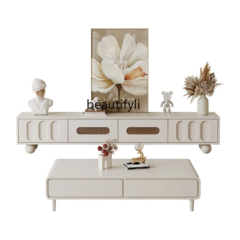 

French Cream Style TV Cabinet and Tea Table Combination Living Room Nordic Simple Solid Wood White Small Apartment Home