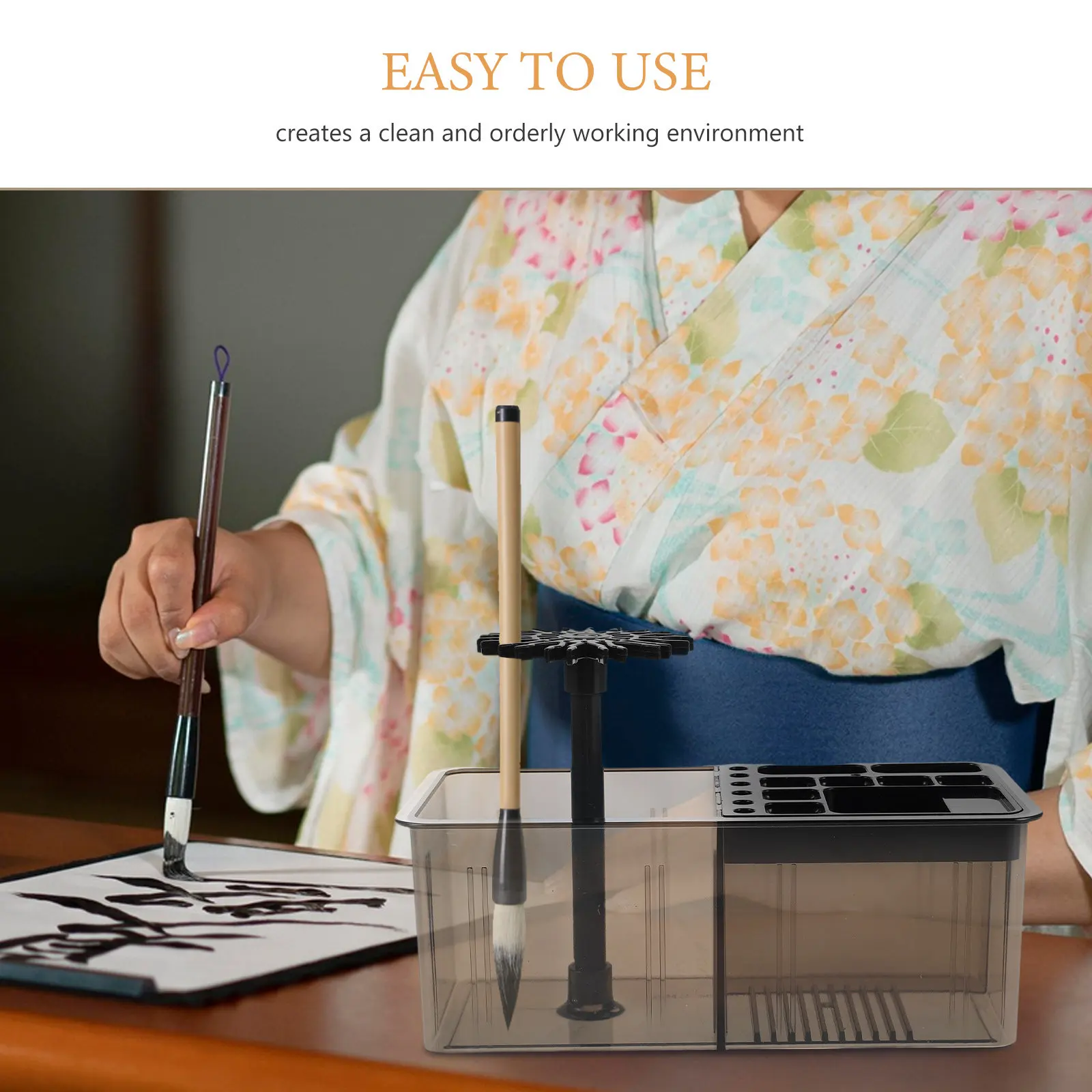Chinese Calligraphy Brush Hanger Multi-Purpose Paint Organizer Writing Brush Rest Stand with Quick Rinse Compartments Art Studio