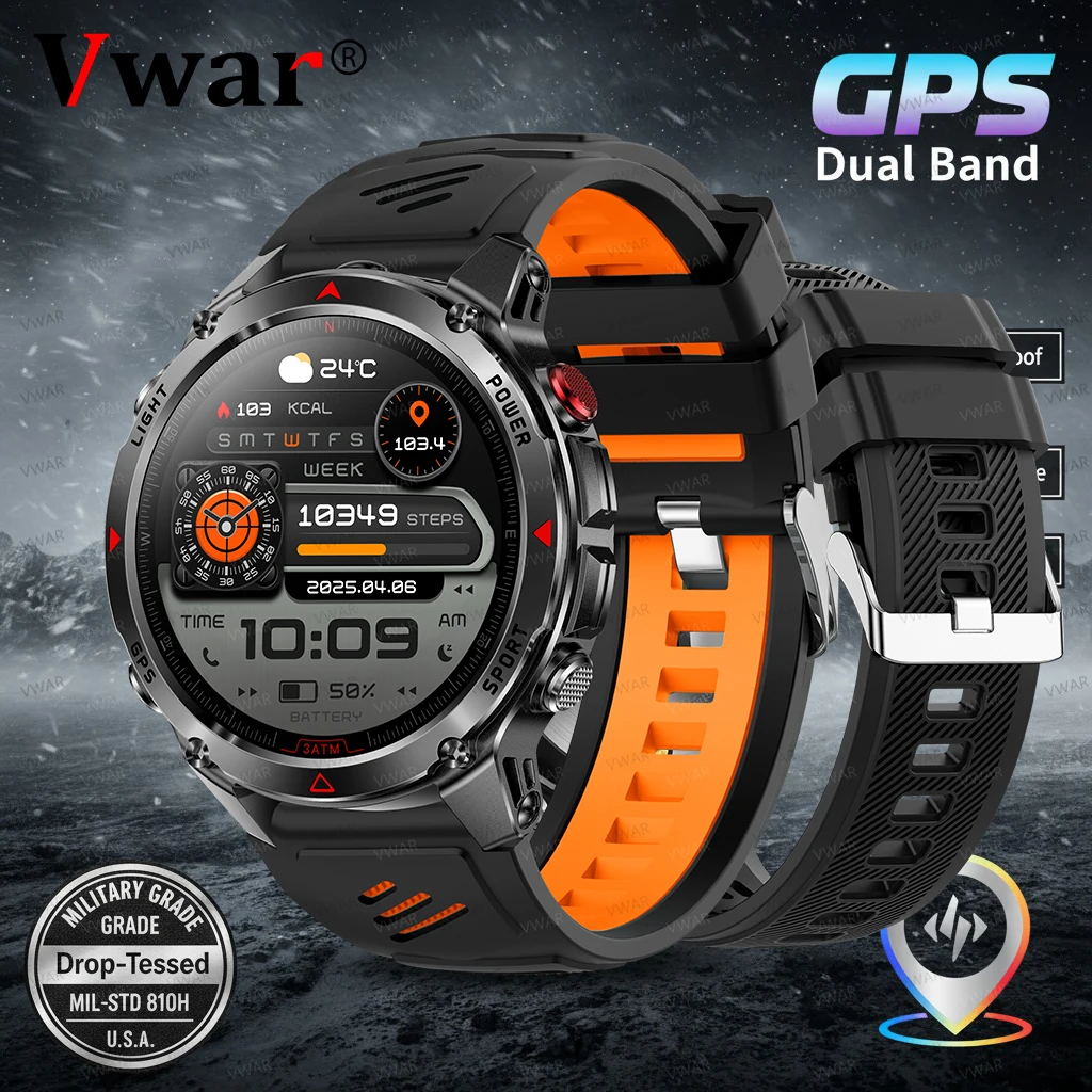 

VWAR Тактические Смарт-часы Встроенный GPS светодиодный фонарик Компас Высотомер Барометрические Спортивные Смарт-часы Мужские Bluetooth-часы для вызова
