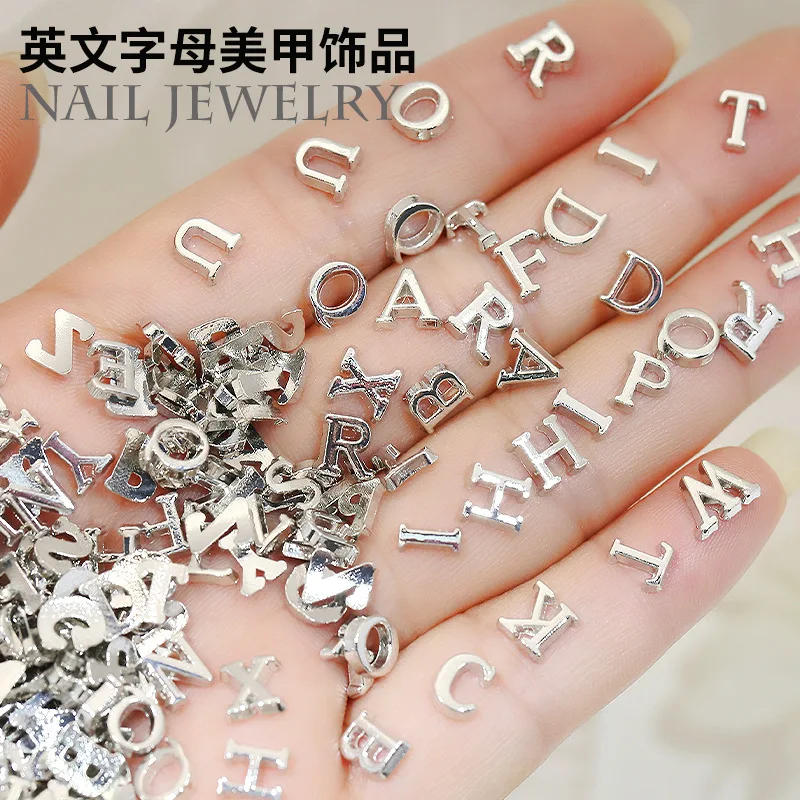 26Pcs/set 3D Silver Gold English Letter Nail Charms Metal Alloy A-Z Alphabet Rhinestones DIY Letter Jewelry Manicure Decoration