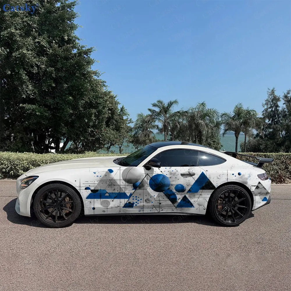 2pcs Cyber Style Blue Geometric Car Side Wraps, Self-Adhesive PVC Waterproof & Scratch-Resistant Stickers, Car Accessory Gift