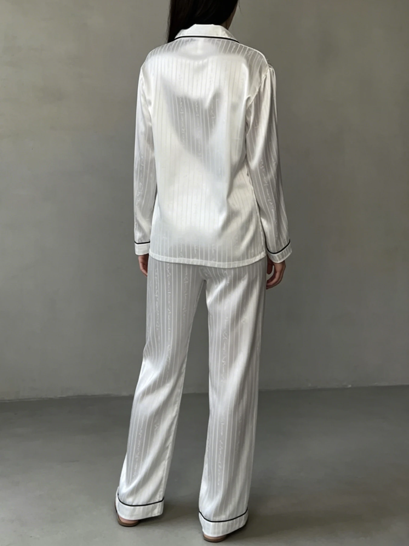 White Stripe Letter Print Satin Pajama Set Women Lapel Long Sleeve Button Shirt Elastic Waist Long Pants Luxury Silk Sleepwear