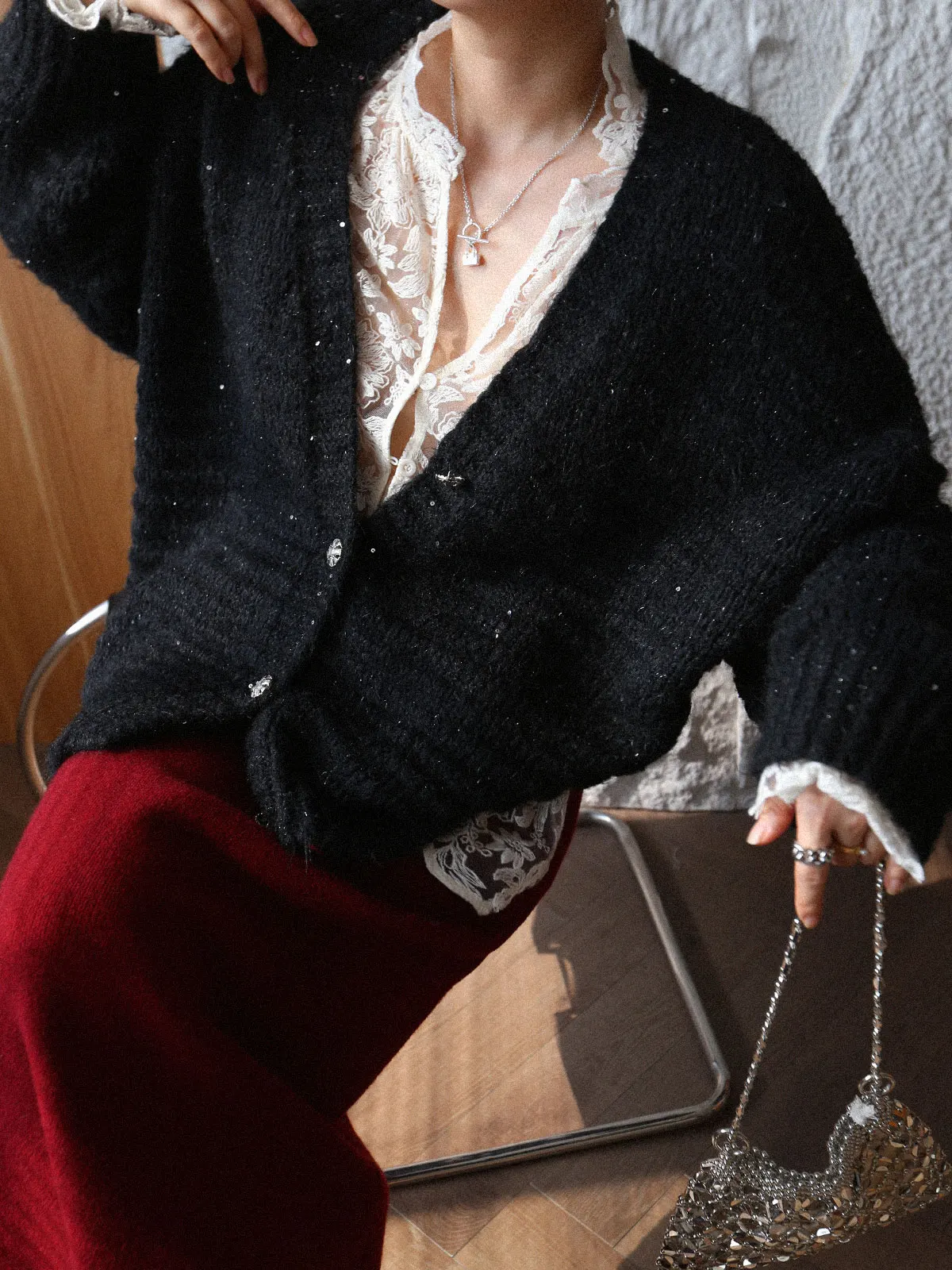 

Ast Editor's Store Vintage iny Sequin Bla Knitted Open Cardigan Women's Loose Lazy Sle Sweater Jaet Autumn Winter