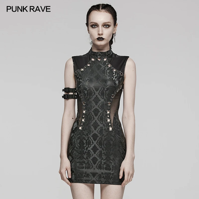 

PUNK RAVE Women's Punk Sleeveless Dress, Black Polyester Elastane Snake Print Bodycon Mini Dress WQ685
