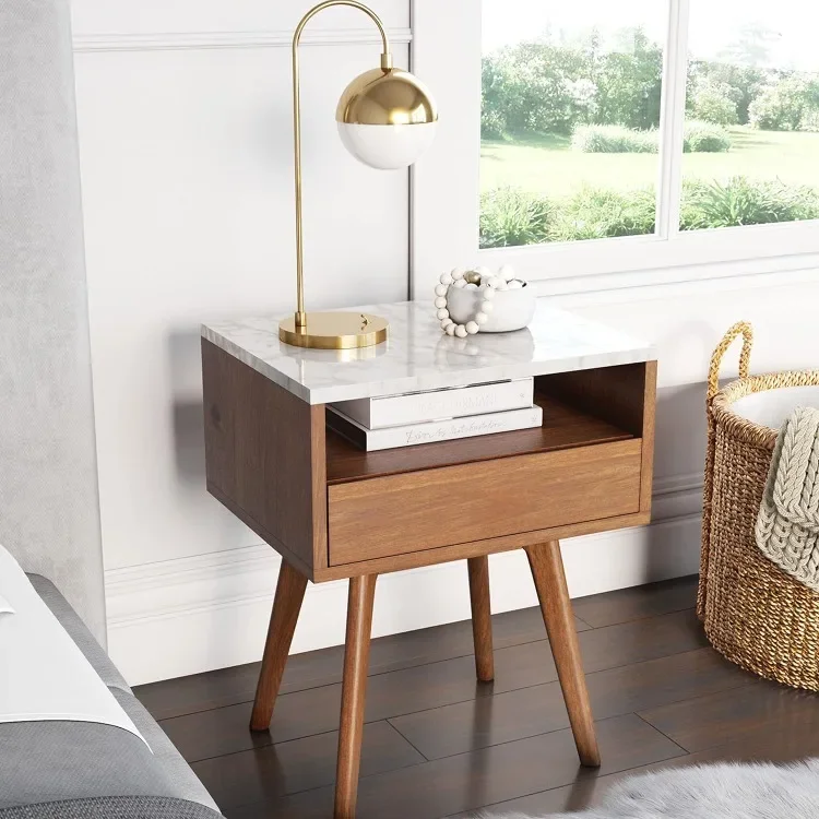 Rectangle Accent Side or End Table Walnut Finish Wood and Faux Marble Top with Storage Nightstand, Frame, White/Brown