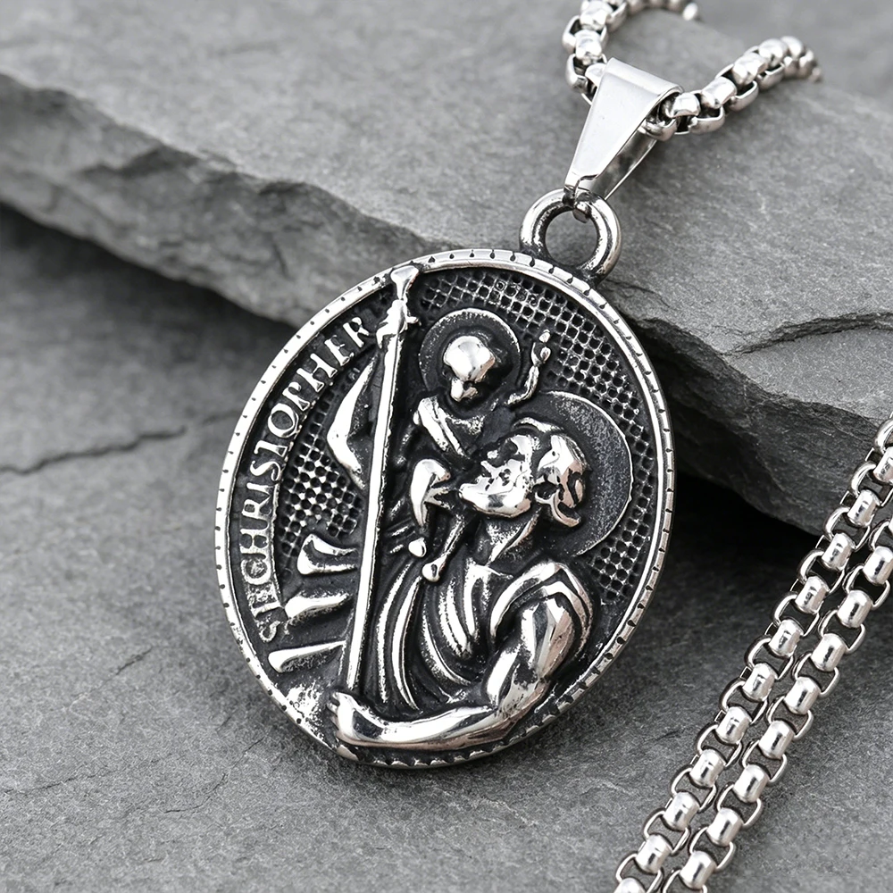 Vintage Saint Christopher Pendant Necklace Stainless Steel Travelers Protector High Relief Solid Round Religious Amulet Jewelry