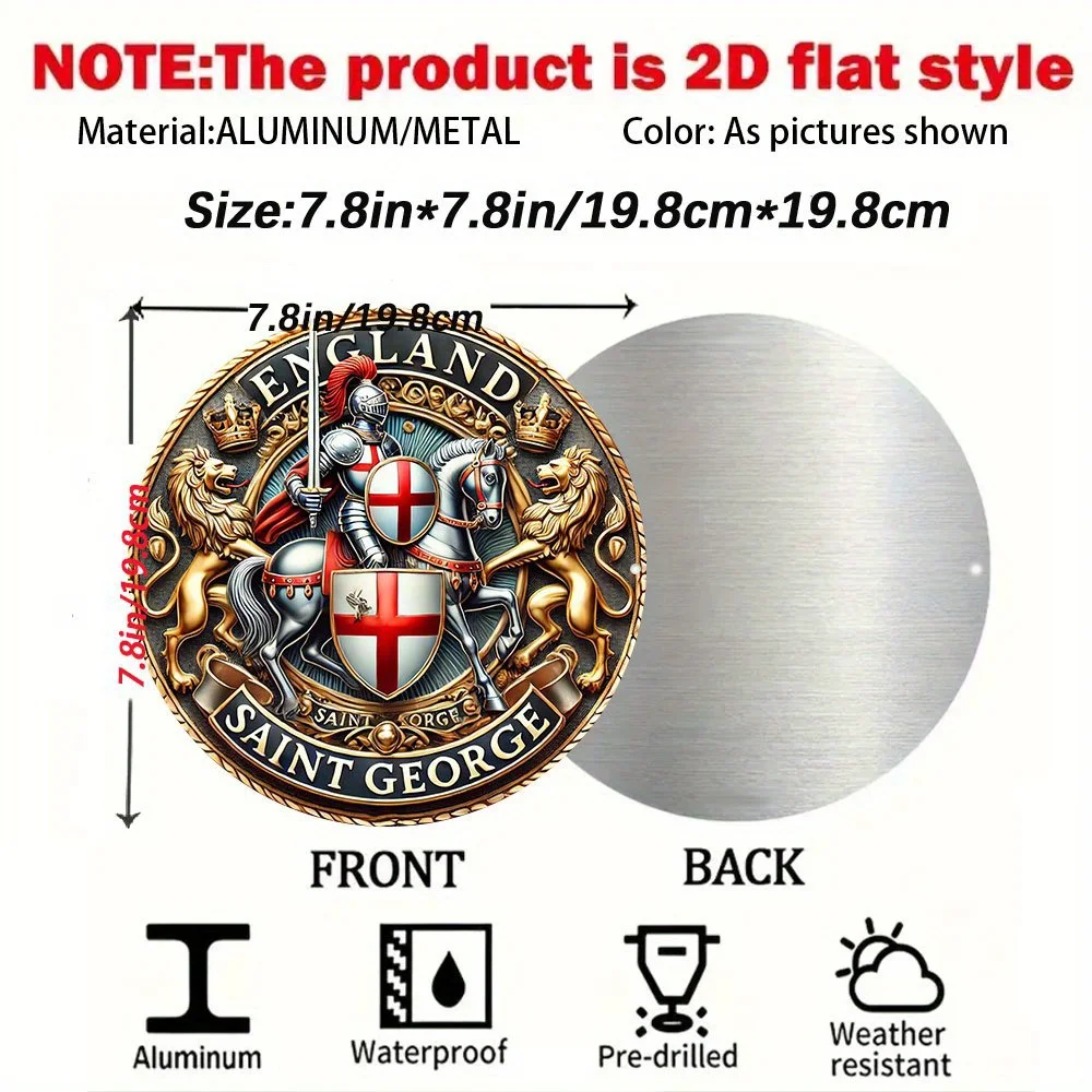 2D Flat, 2D Flat England St. George's Cross Knight Emblem Wall Plaque - Medieval Aluminum Round Metal Wall Art 7.8x7.8 Inch, Dur
