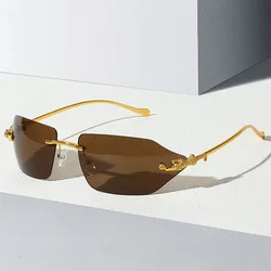 Y2K Brand Designer Luxury Rimless Curved Rectangle Sunglasses Women For Men Vintage Punk Sun Glasses Popular Gold Leopard Shades