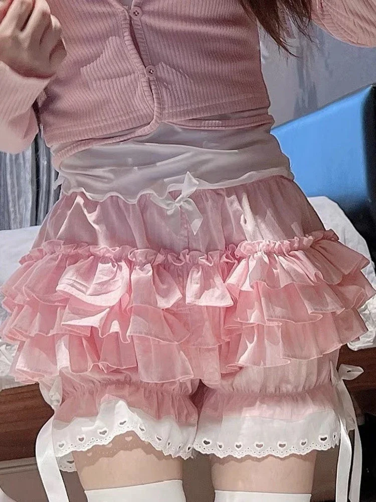 Elegant Japan Sweet Lolita Pink Shorts Skirts Women High Waist Cute vintage Mini Skirts Preppy Style Bow Ball Gown Kawaii Skirt