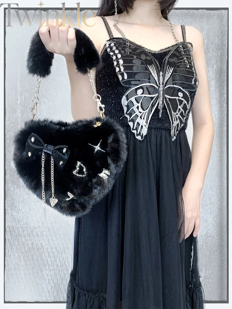 Dark Academia Heart Plush Bag Autumn Winter Fluffy Crossbody Purse JK Niche Gothic Shoulder Handbag Women Furry Sling Tote