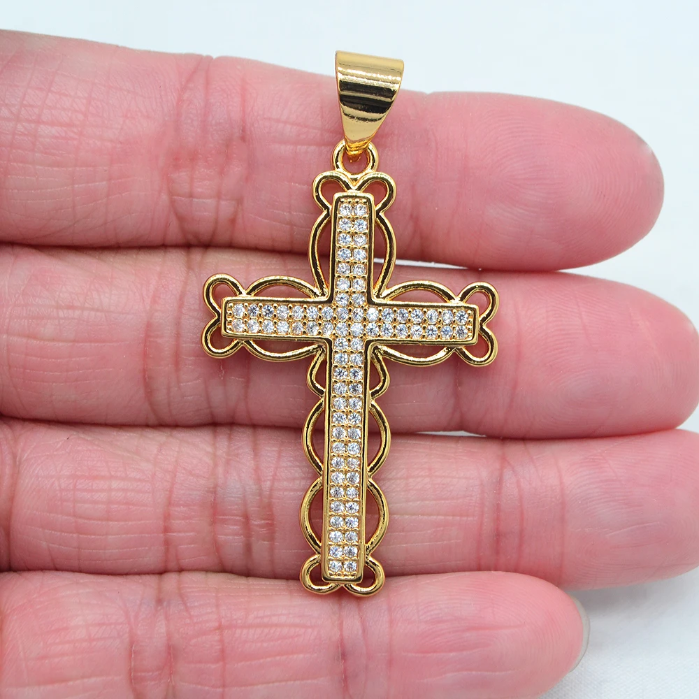 High Quality Gold Color Women Clear Cubic Zirconia Flower Catholic Cross Pendant Jewelry