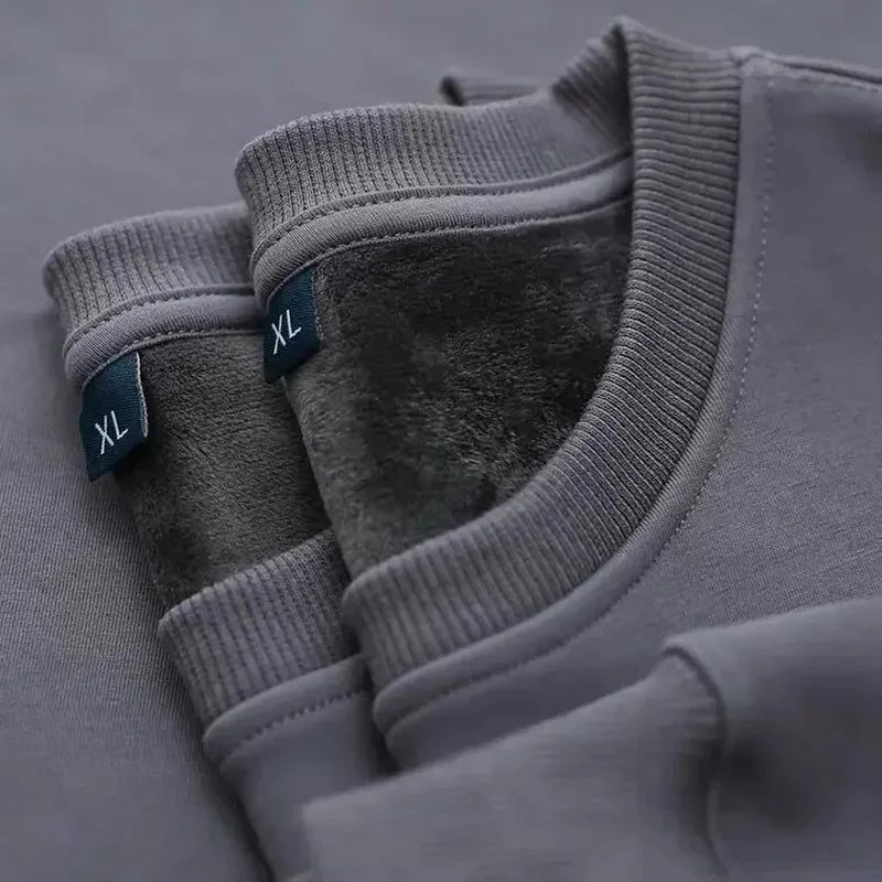 Cotton Plush Thickened Sweatshirt Thin Plush Heavyweight Solid Round Neck Sweater Autumn Winter Warm Sweater
