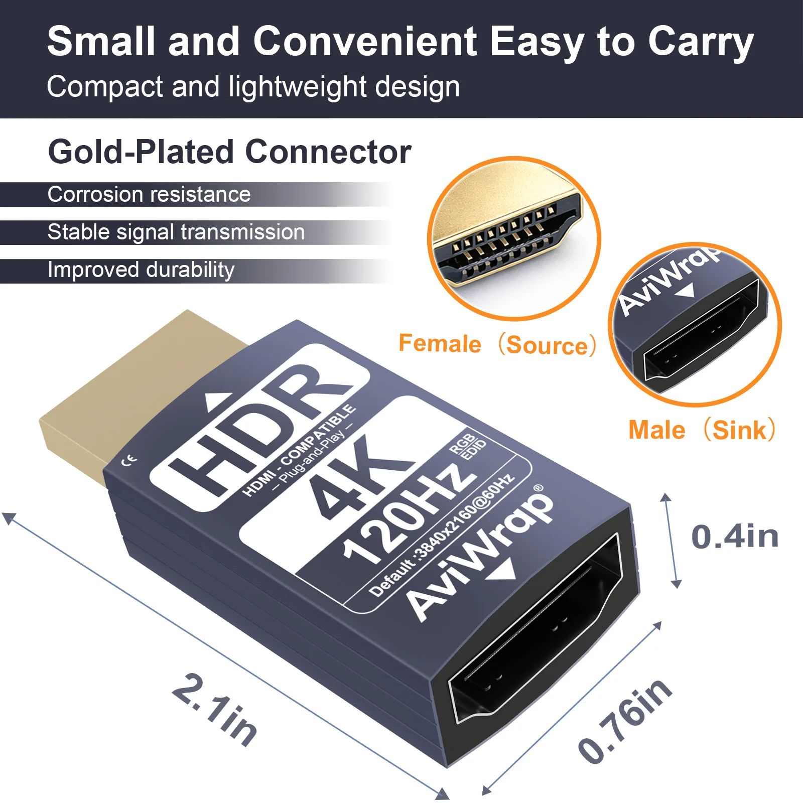 ‌HDMI 2.1 EDID Emulator Passthrough,HDR 4K@60Hz M-F,1440/1080p@120Hz High Refresh for External Display & Headless PCs
