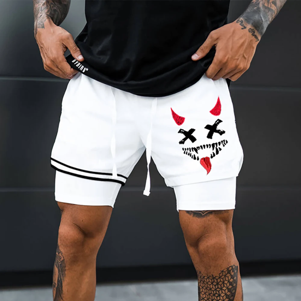 Men\'s Smiley Printing Performance Shorts Breathable Drawstring Double Layer Male Causal Sports Jogging Exercise Short Pant S-3XL