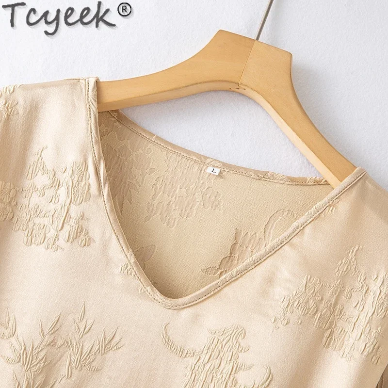 Tcyeek 100% Mulberry Silk T-shirts for Women Summer Clothes Elegant Women\'s T-shirt Womens Tops 2024 Casual Top Топ Женский