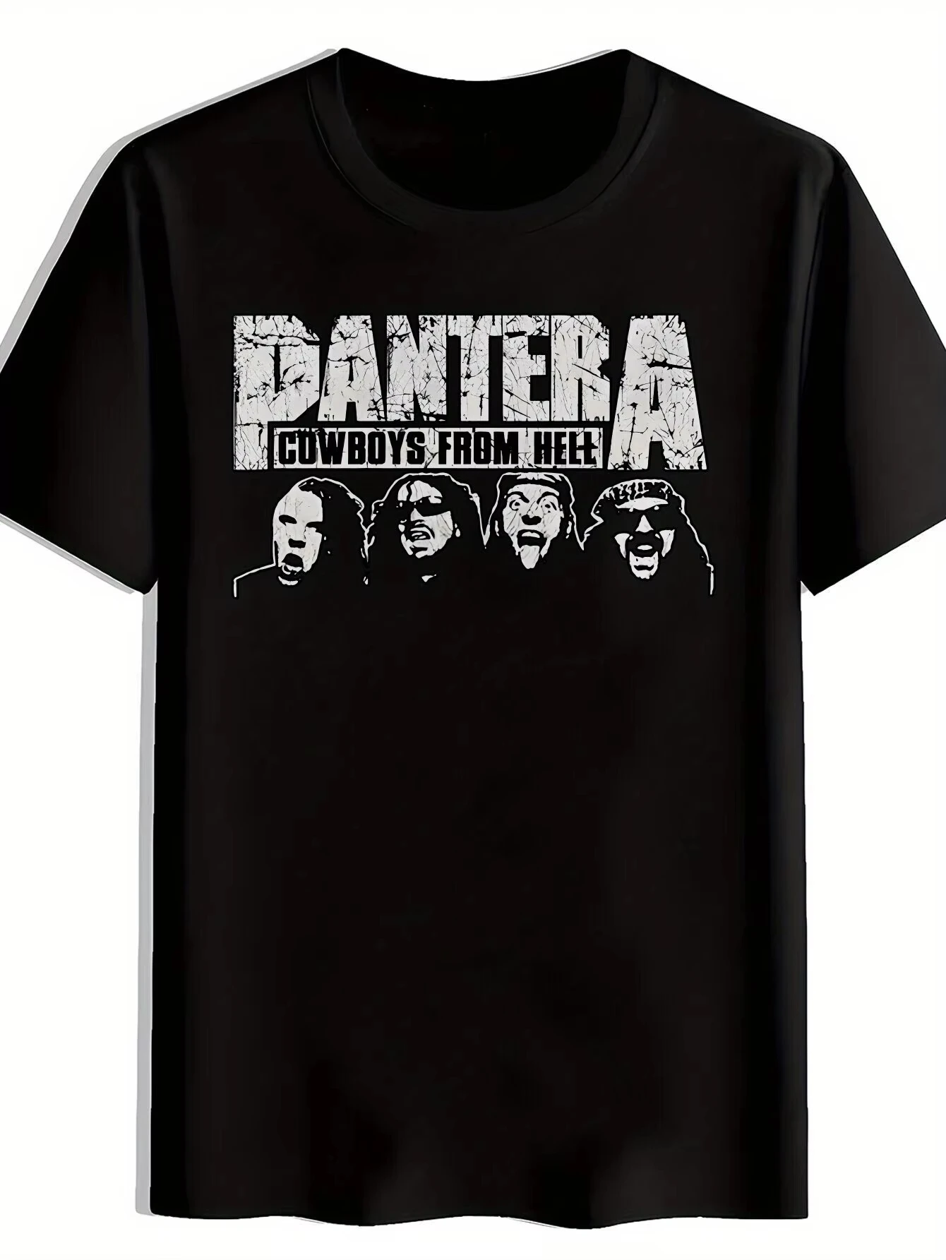 

Men Clothing T-shirt Men's Vintage Rock Band Graphic T-Shirt - Pantera "Cowboys From Hell" Design, Black Polyester Crew Neck Tee