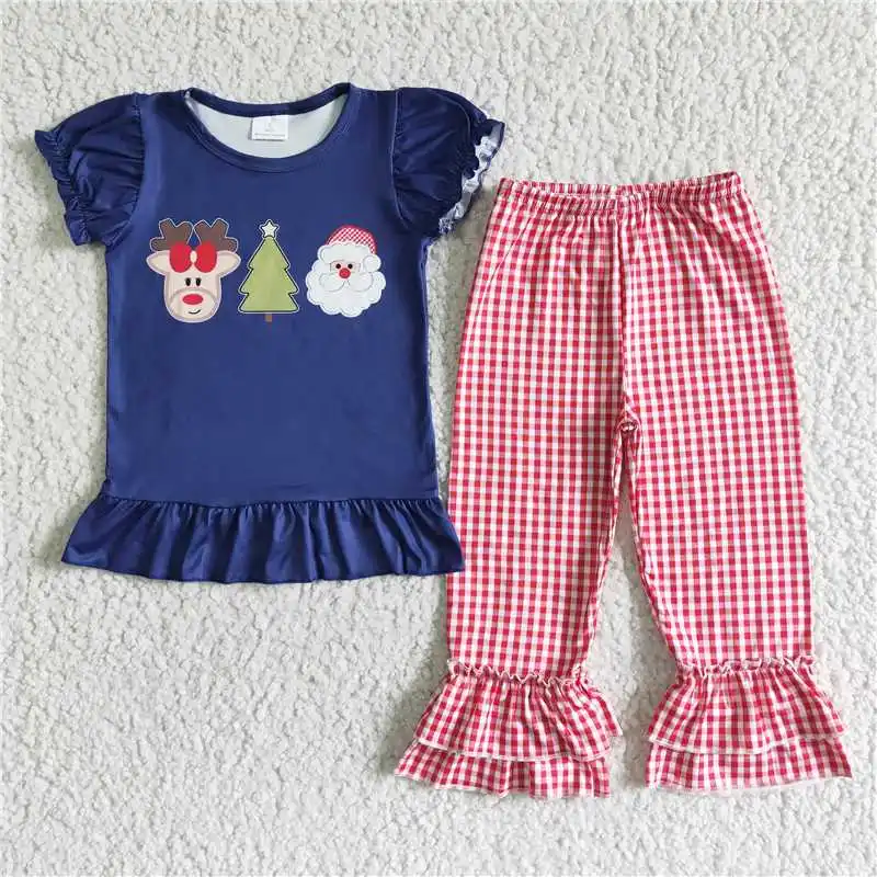 Z1011-26 Wholesale Summer Short Sleeve Pants Christmas  Suit Flared Pants Multi-Element Round Neck Pattern Bright Colors