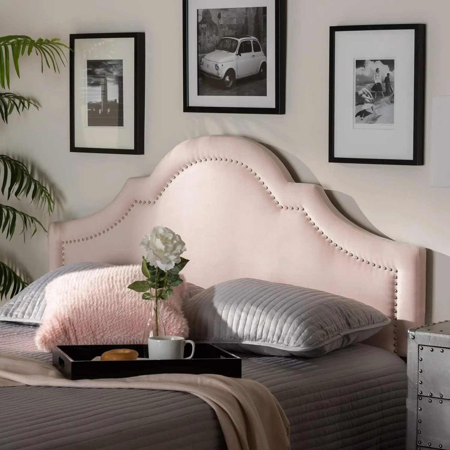

Rita Modern And Contemporary Light Pink Velvet Fabric Upholstered Full Size Headboard