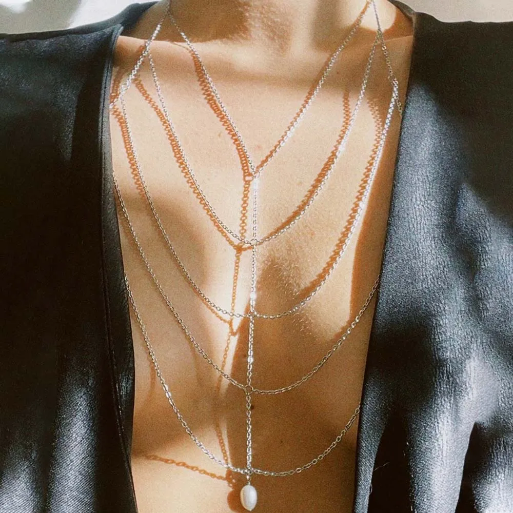 Stonefasn 여성용 다층 바디 체인 원피스, 진주 브라 포함 섹시 하네스, 할로우 나이트 클럽 레이브 의상, 비키니 페스티벌 2024 선물