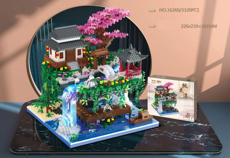 Chinese Wonderland Micro Diamond Block China Peach Blossom Pool Nanobrick Architecture Building Brick Toys Collection With Light