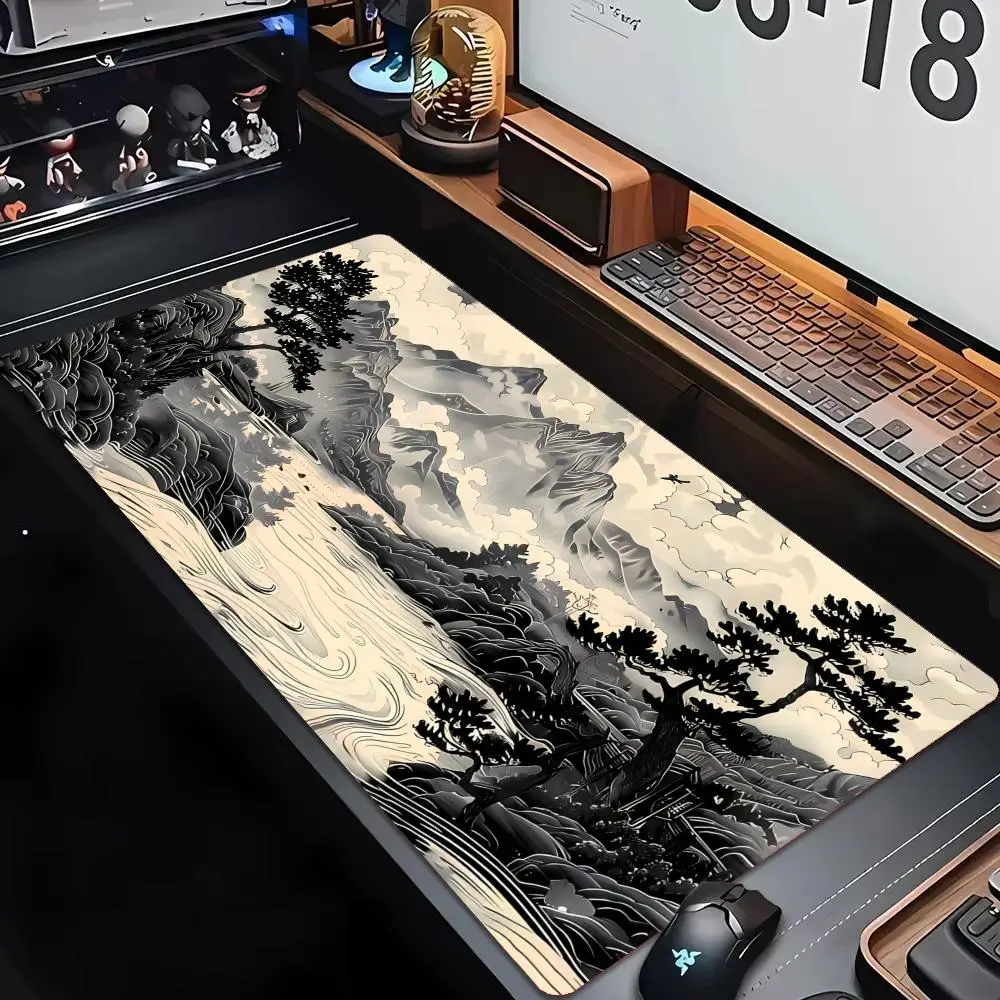 XXL Mousepad Oriental Mist Hills Ink Scenery Desk Mat Non-Slip Rubber Keyboard Mat Forest Cherry Pagoda Gaming Desktop Mats