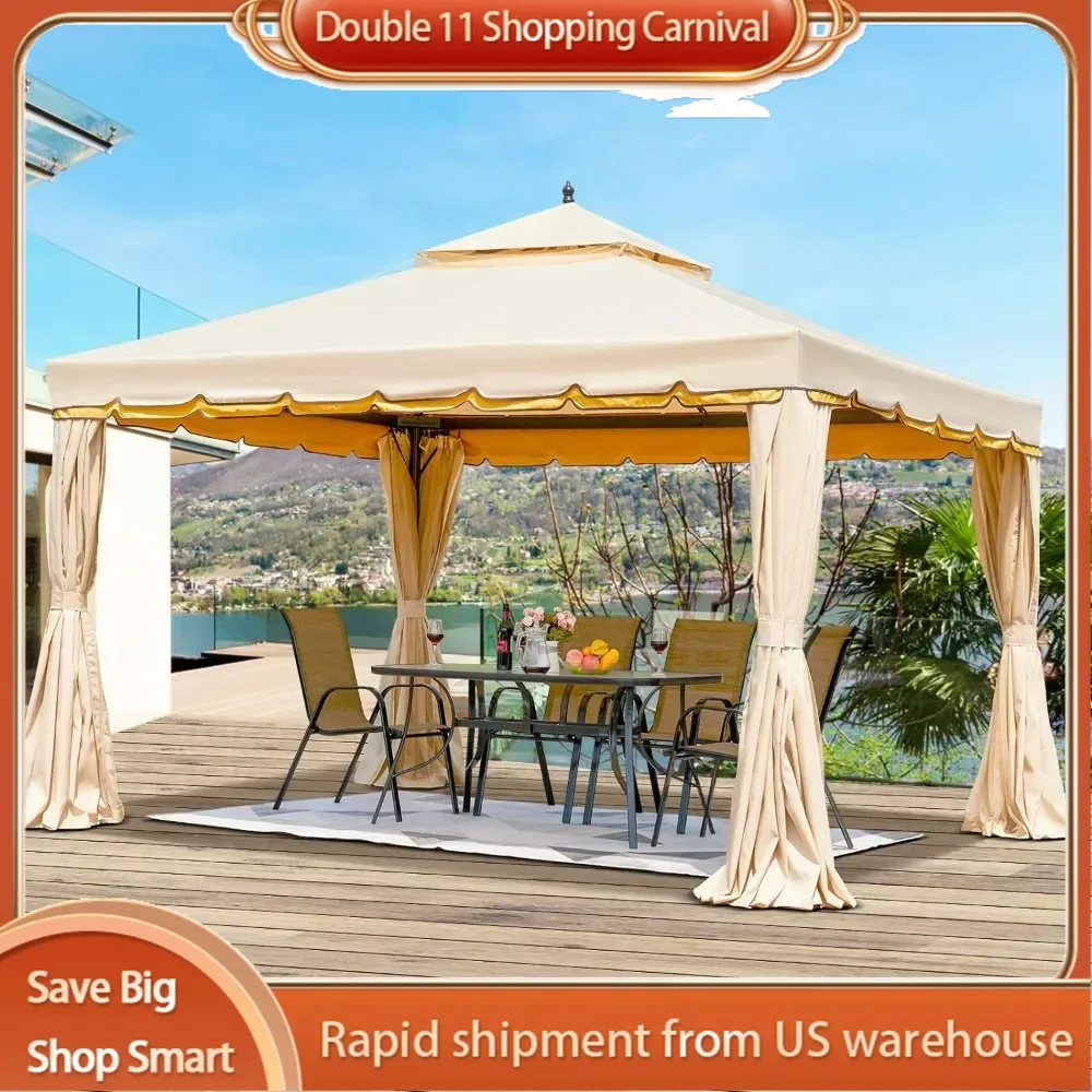 10' x 12' Outdoor Canopy Gazebo, Double Roof Patio Gazebo Steel Frame with Netting and Shade Curtains for Garden, Patio