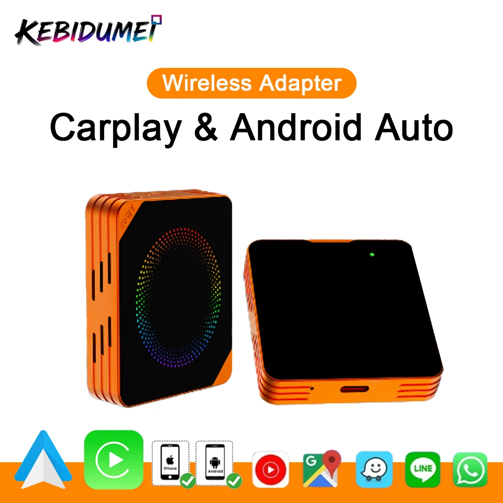

KEBIDUMEI 2+16G 3-в-1 автомобильный AI-бокс: проводной и беспроводной адаптер CarPlay/Android Auto с голосовым управлением и подсветкой, умный донгл