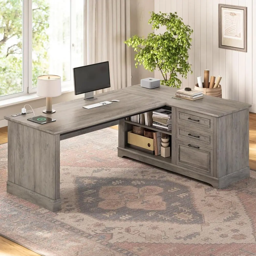 

61 L-Shaped Desk with Storage, Power Outlets, and Drawers for Home Office in Grey