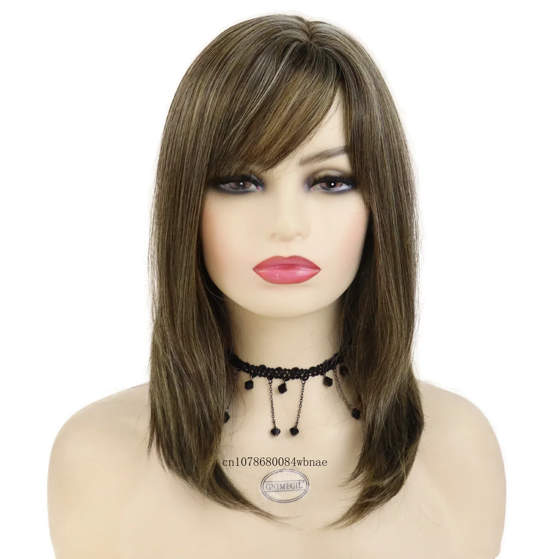 Natural Brown Synthetic Hair with Bangs Shoulder Length Straight Wigs for Fashion Women Fancy Dress Party Wig Heat Resistant