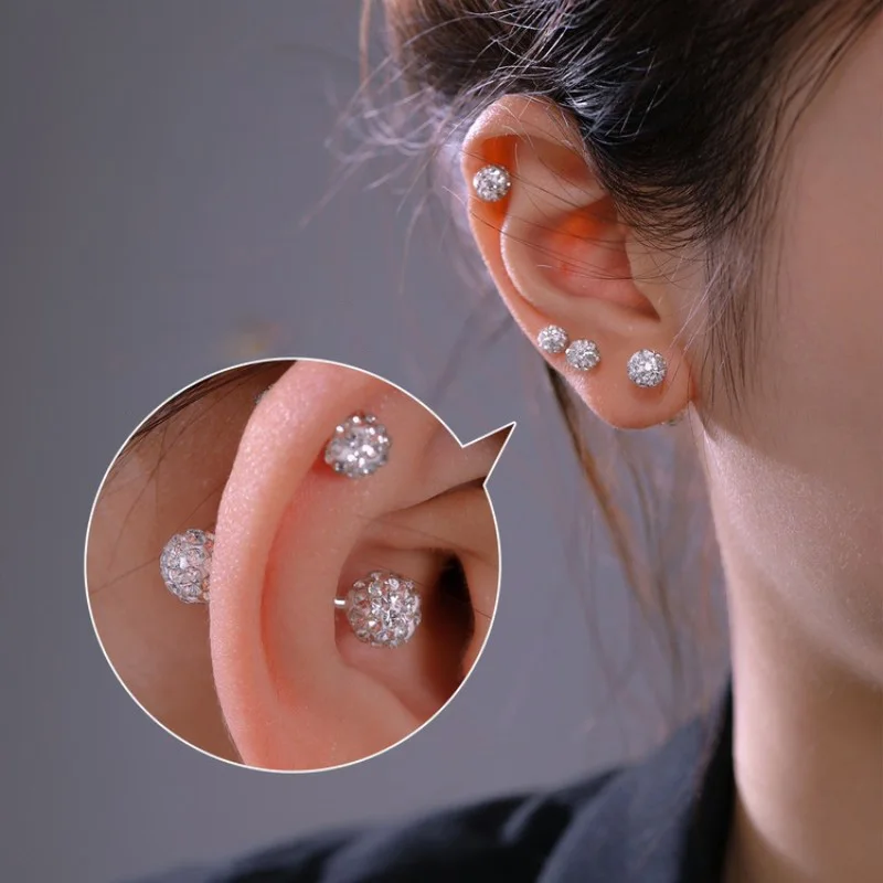 925 Sterling Silver 3/4/5/6MM Full Zircon Bead Stud Earrings For Women Party Classic Fine Jewelry Light Luxury Accessories