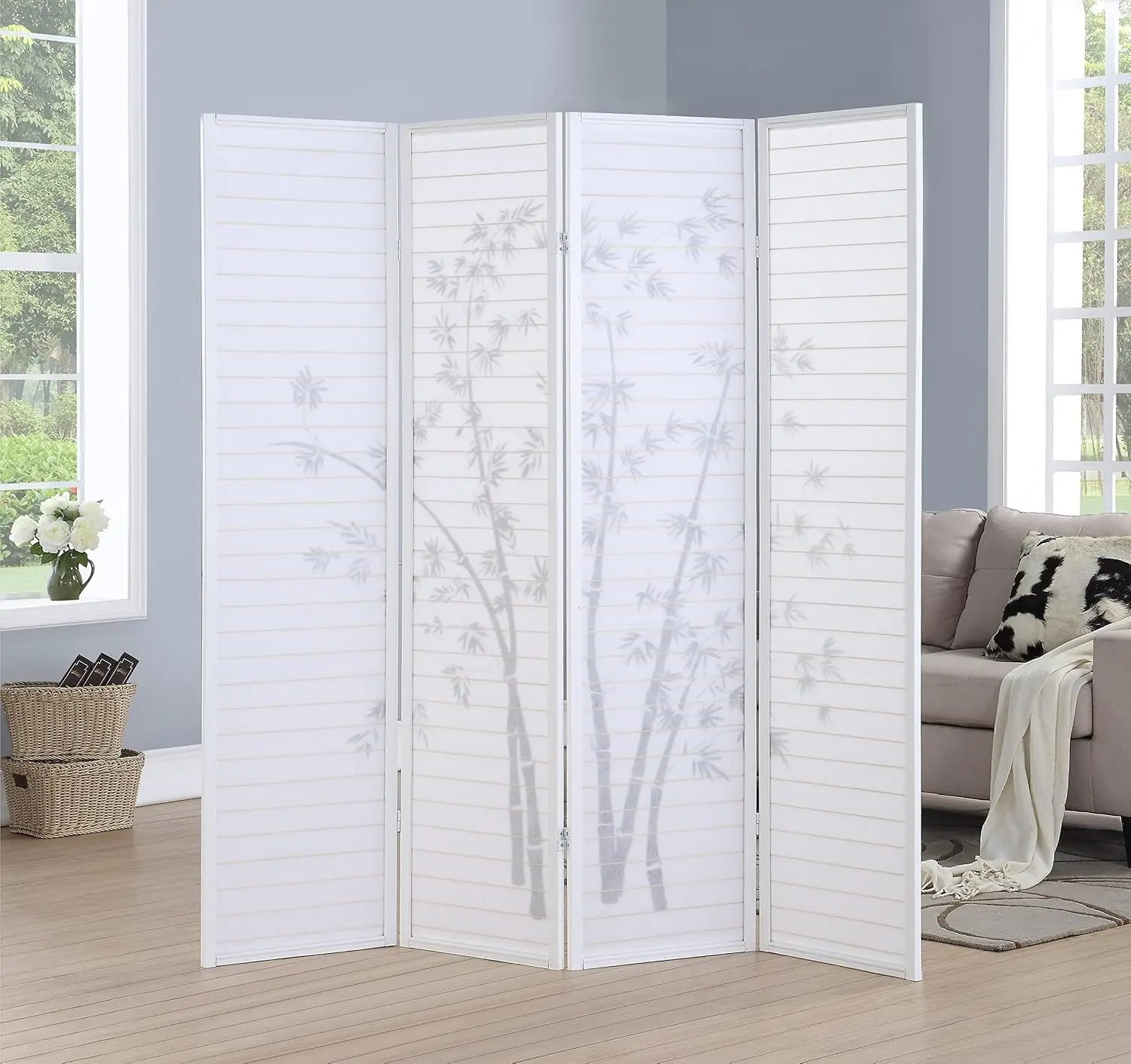 4-Panel Bamboo Print White Framed Room Screen Divider