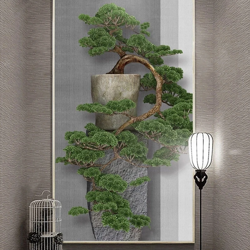 Custom Photo New Chinese 3D Green Pine Tree Entrance Porch Mural Self Adhesive Wallpaper Art Living room bedroom restaurant 8d