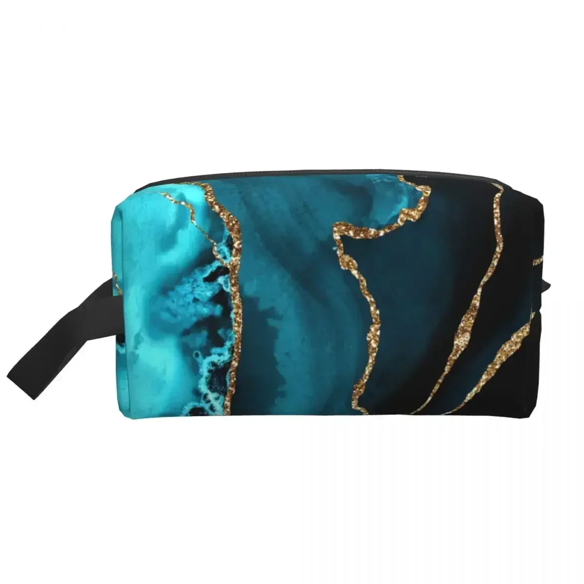 Teal Blue And Gold Hues Marble Agate Toiletry Bag Geometric Modern Cosmetic Makeup Organizer Beauty Storage Dopp Kit Case