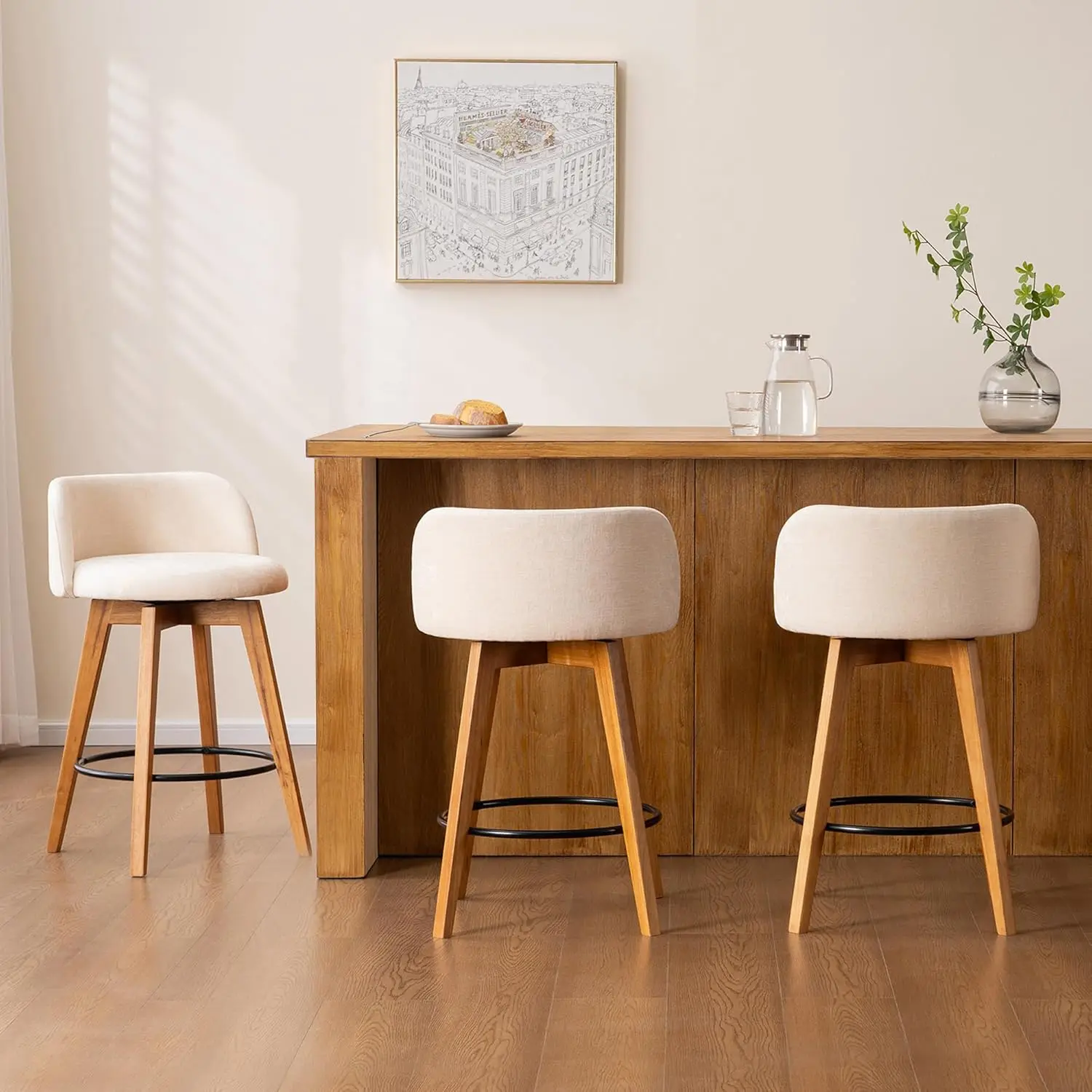 

Набор из 3 барных стульев высотой 26 дюймов в стиле середины века, с поворотным сиденьем, из синели, с изогнутой спинкой, для кухонного острова, бежевый, на заказ